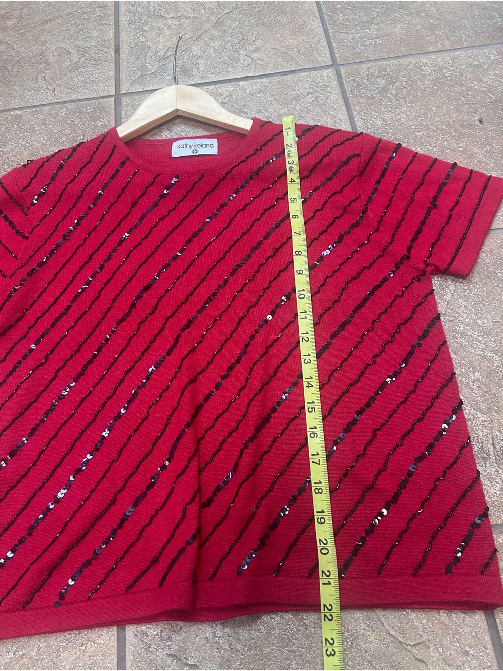 kathy ireland Red Short-Sleeve Knit Top with Black Sequin Diagonals Christmas - Picture 5 of 6